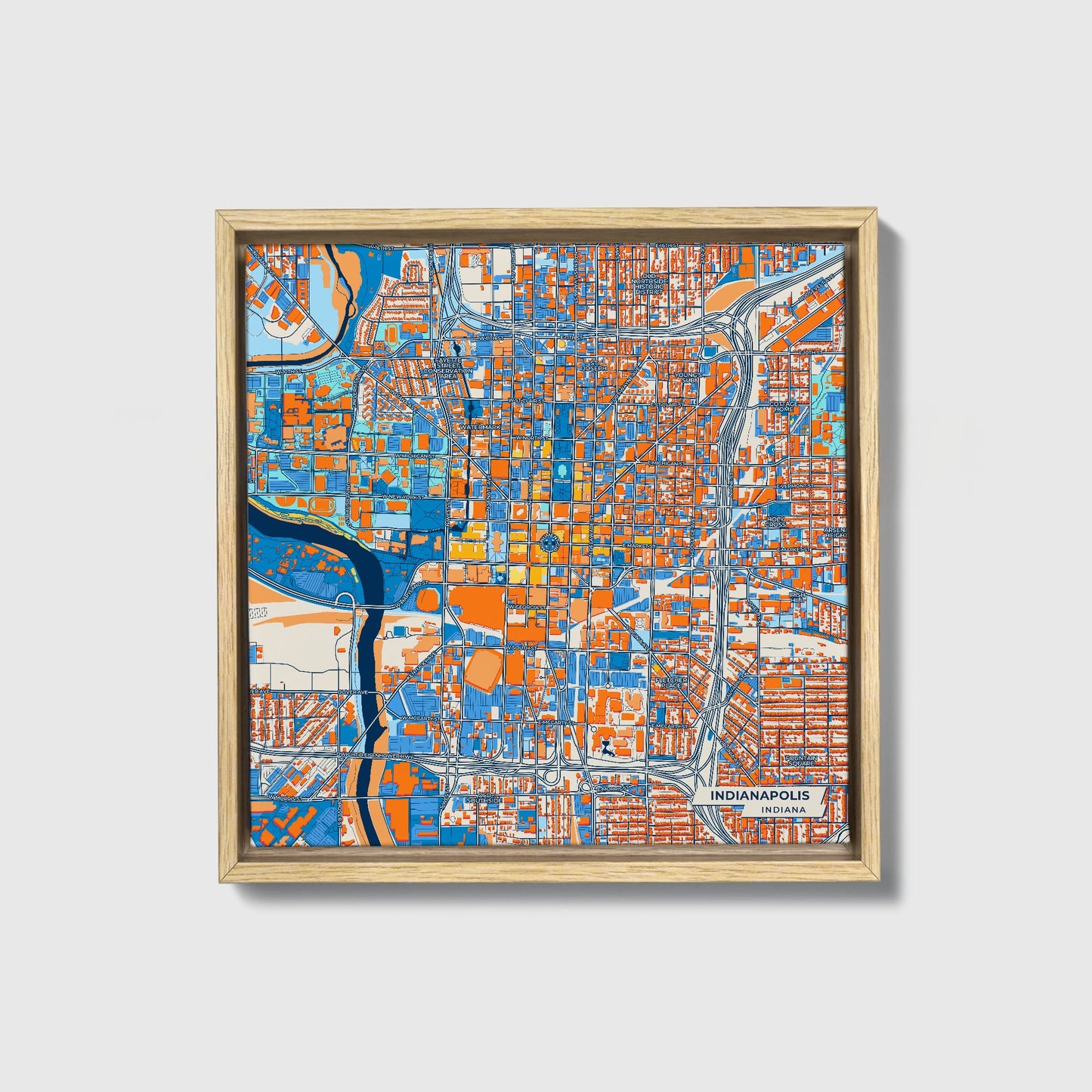Indianapolis Indiana Colorful City Map Canvas Print • Natural Wooden Framed
