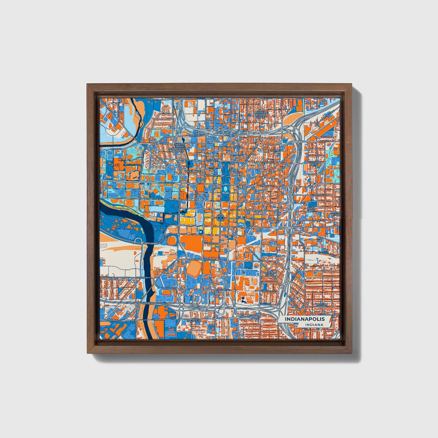 Indianapolis Indiana Colorful City Map Canvas Print • Dark Wooden Framed
