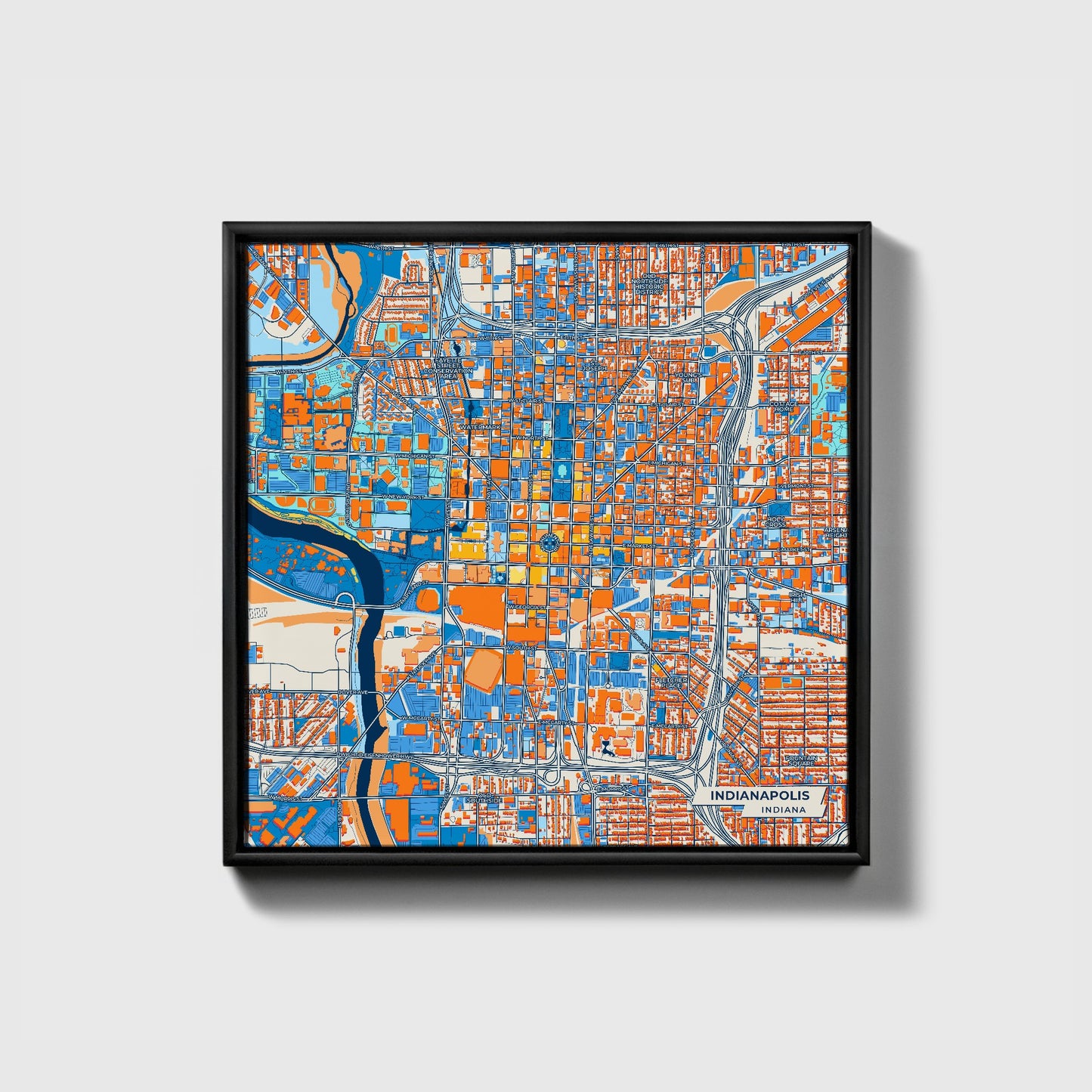 Indianapolis Indiana Colorful City Map Canvas Print • Black Framed