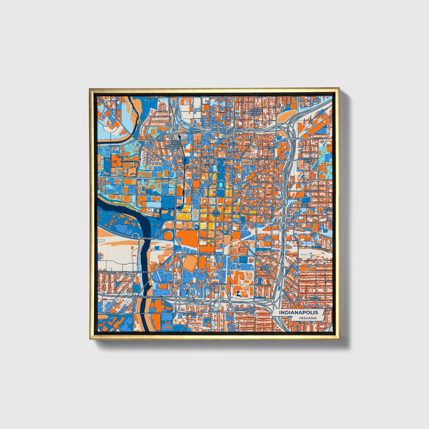 Indianapolis Indiana Colorful City Map Canvas Print • Gold Framed