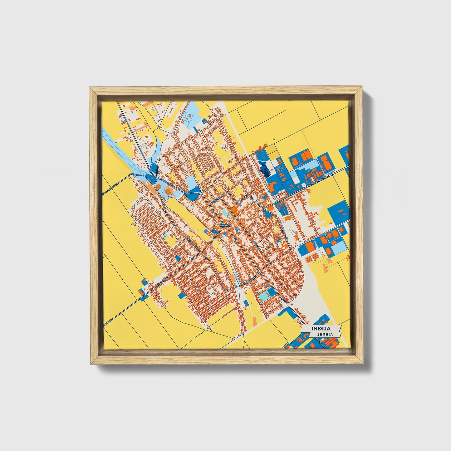 Инђија Serbia Colorful City Map Canvas Print • Natural Wooden Framed