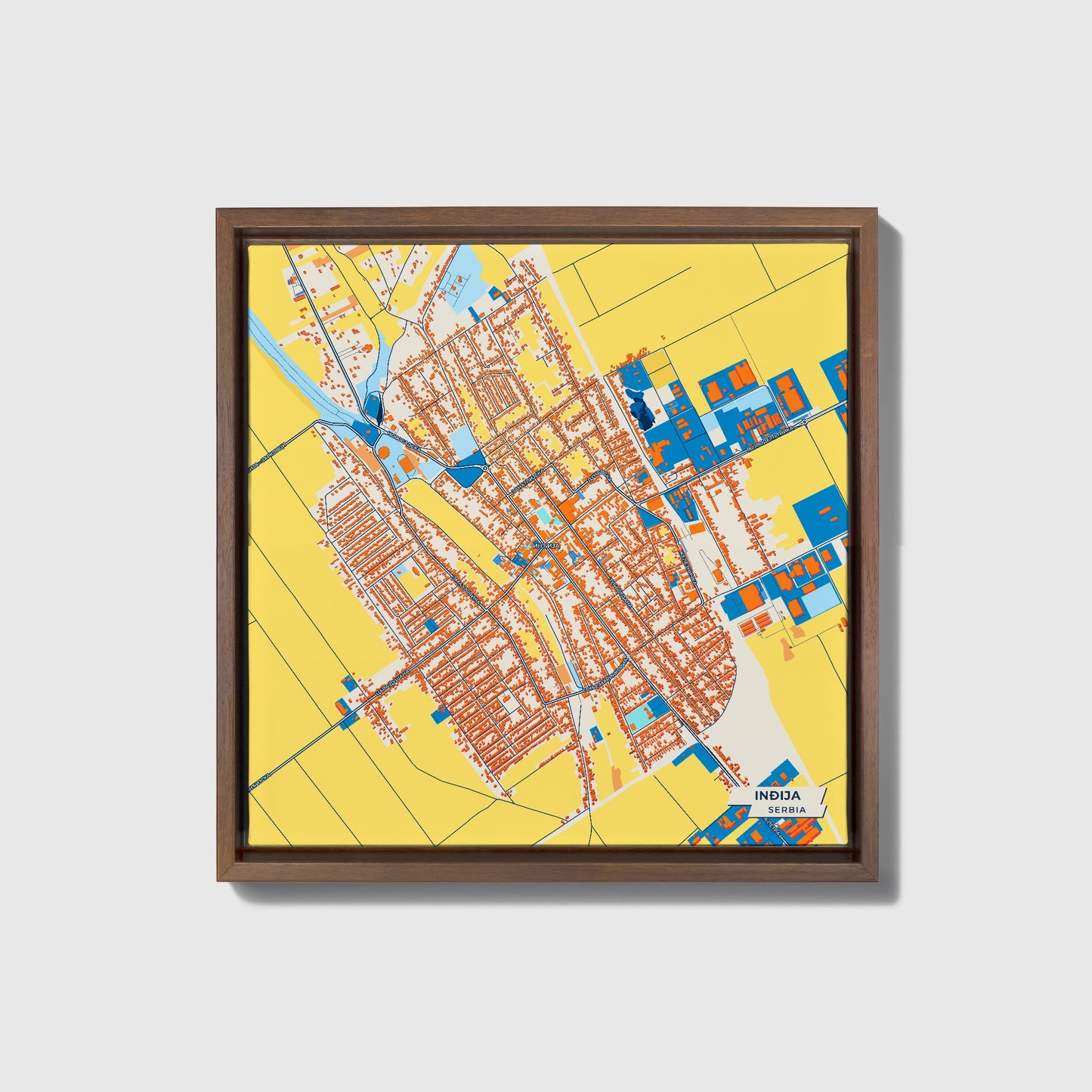 Инђија Serbia Colorful City Map Canvas Print • Dark Wooden Framed