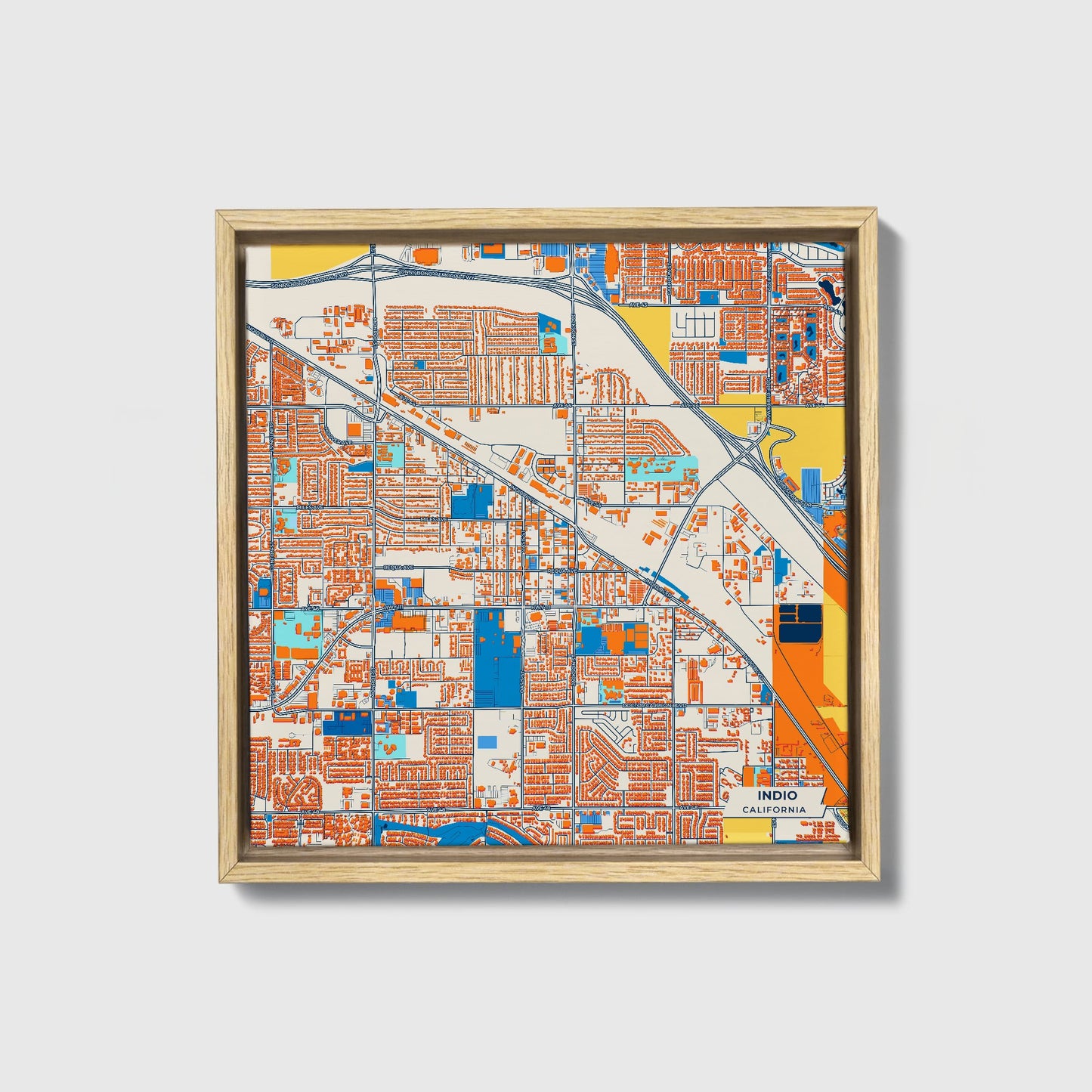 Indio California Colorful City Map Canvas Print • Natural Wooden Framed