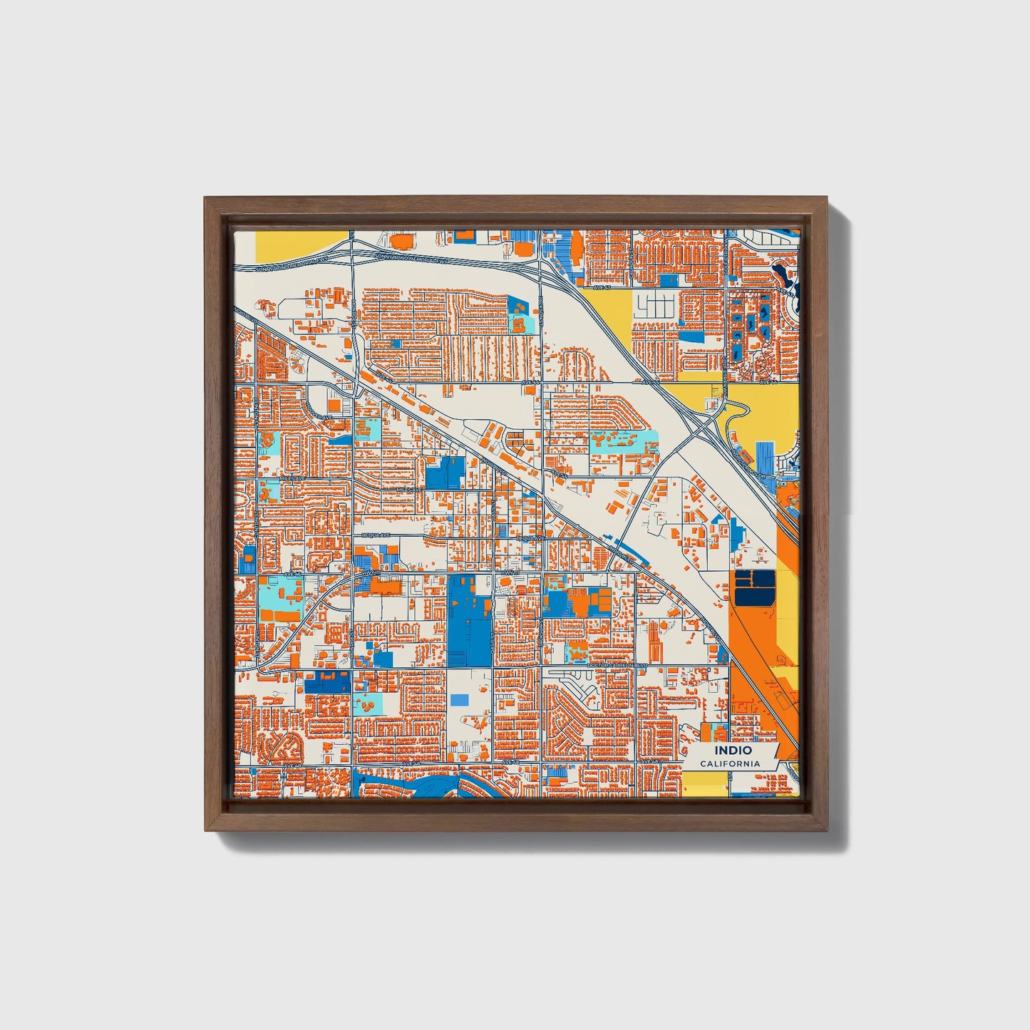 Indio California Colorful City Map Canvas Print • Dark Wooden Framed
