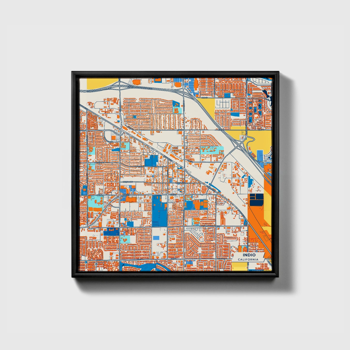 Indio California Colorful City Map Canvas Print • Black Framed