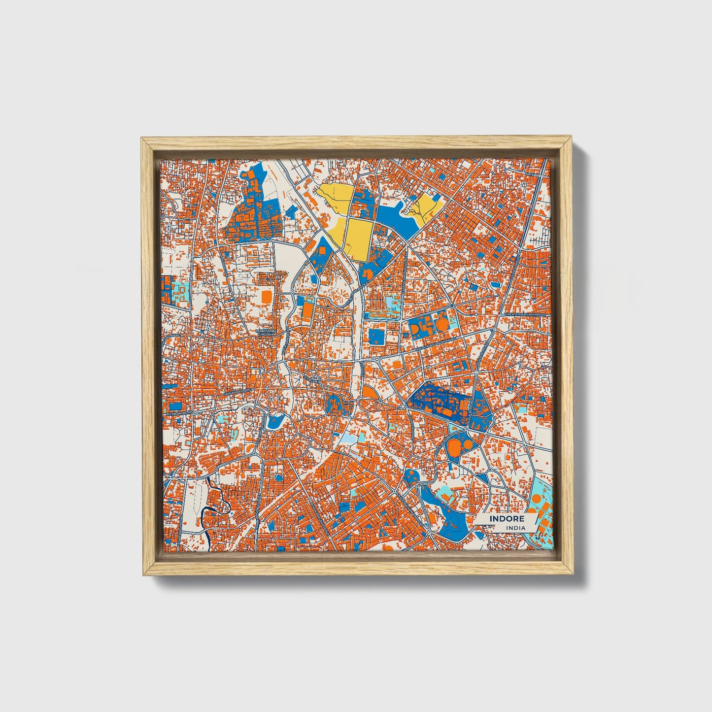 Indore India Colorful City Map Canvas Print • Natural Wooden Framed