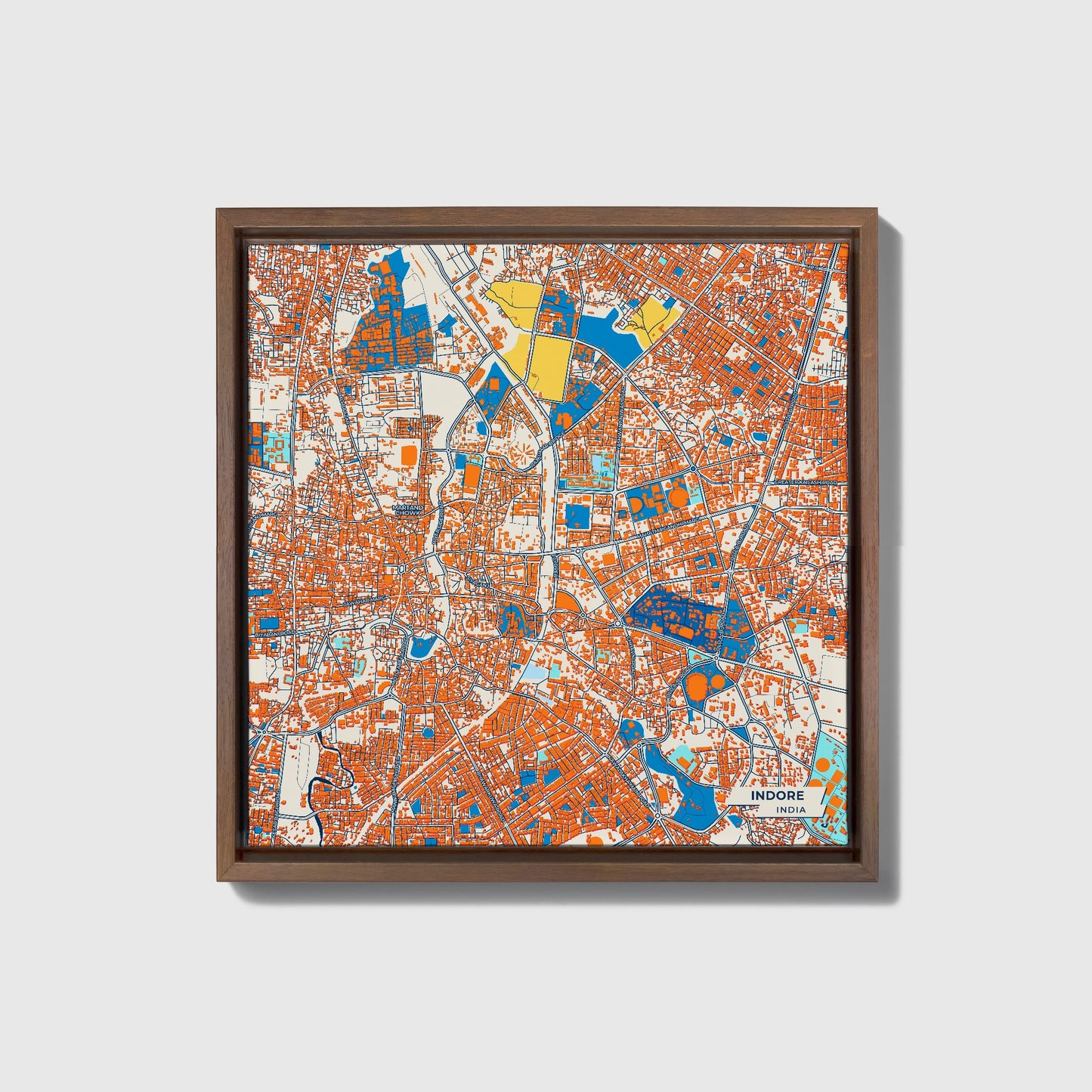 Indore India Colorful City Map Canvas Print • Dark Wooden Framed