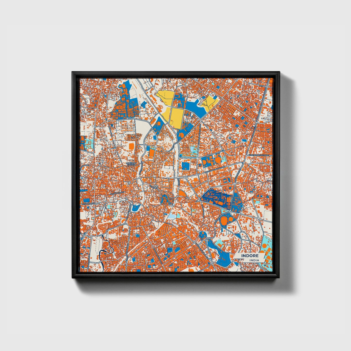 Indore India Colorful City Map Canvas Print • Black Framed