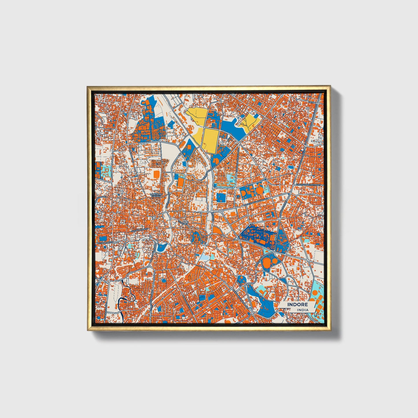 Indore India Colorful City Map Canvas Print • Gold Framed