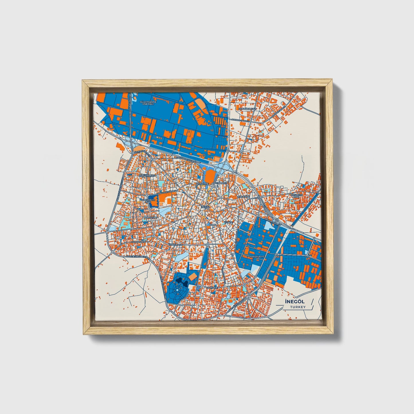 İnegöl Turkey Colorful City Map Canvas Print • Natural Wooden Framed