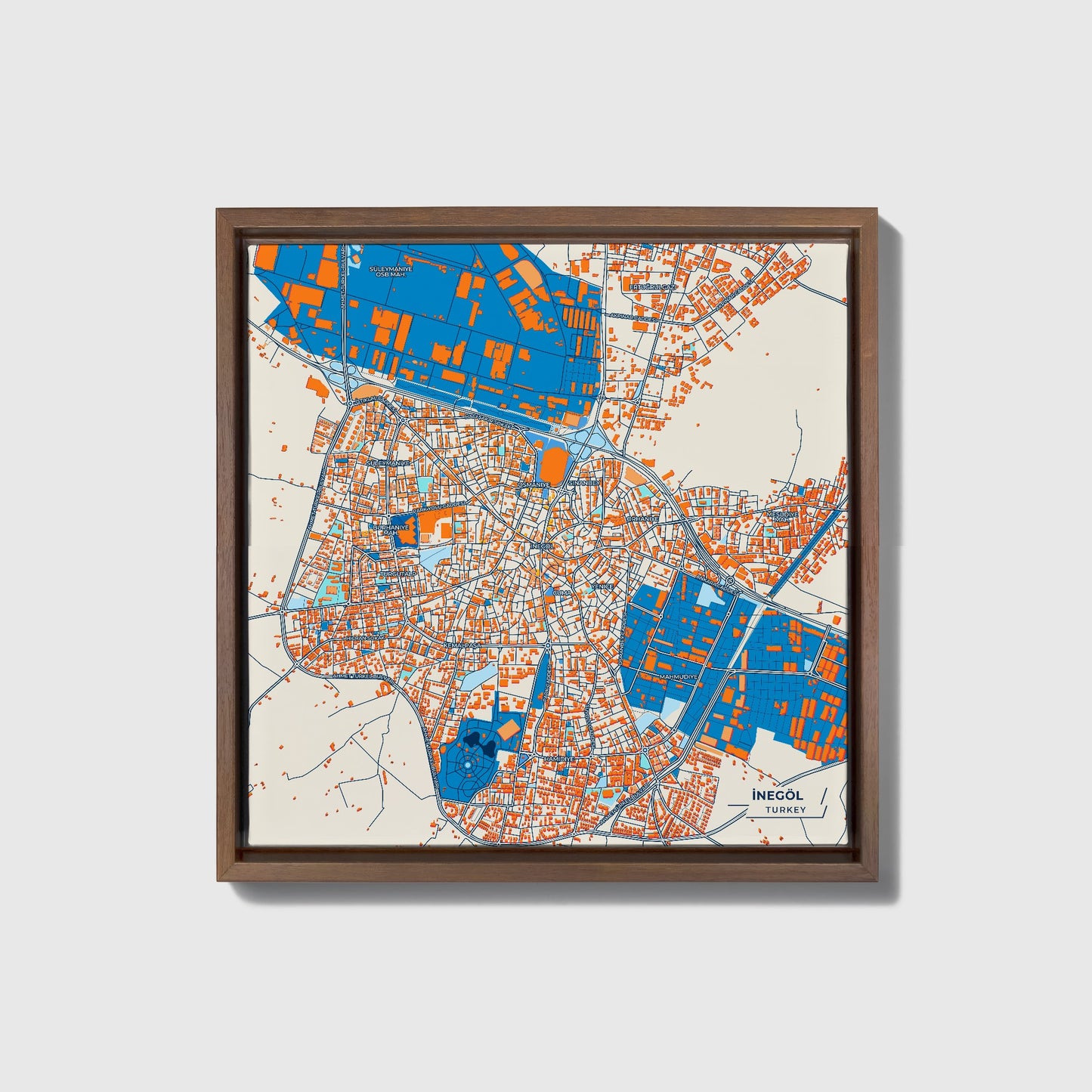 İnegöl Turkey Colorful City Map Canvas Print • Dark Wooden Framed
