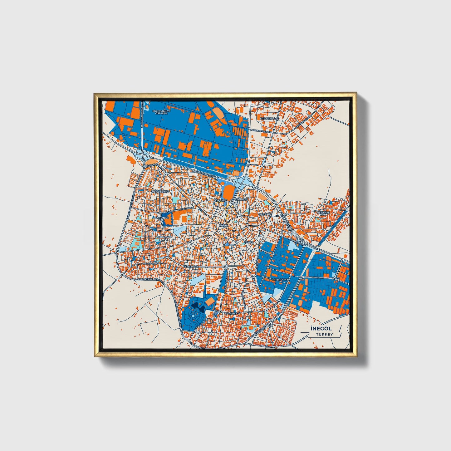 İnegöl Turkey Colorful City Map Canvas Print • Gold Framed