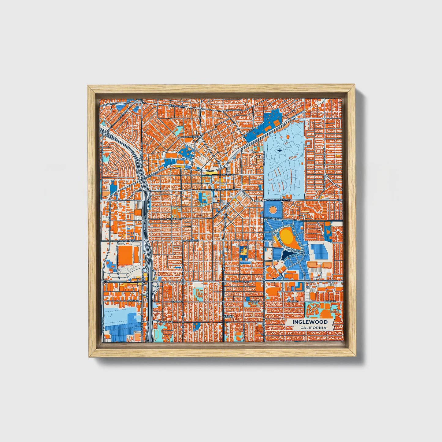 Inglewood California Colorful City Map Canvas Print • Natural Wooden Framed