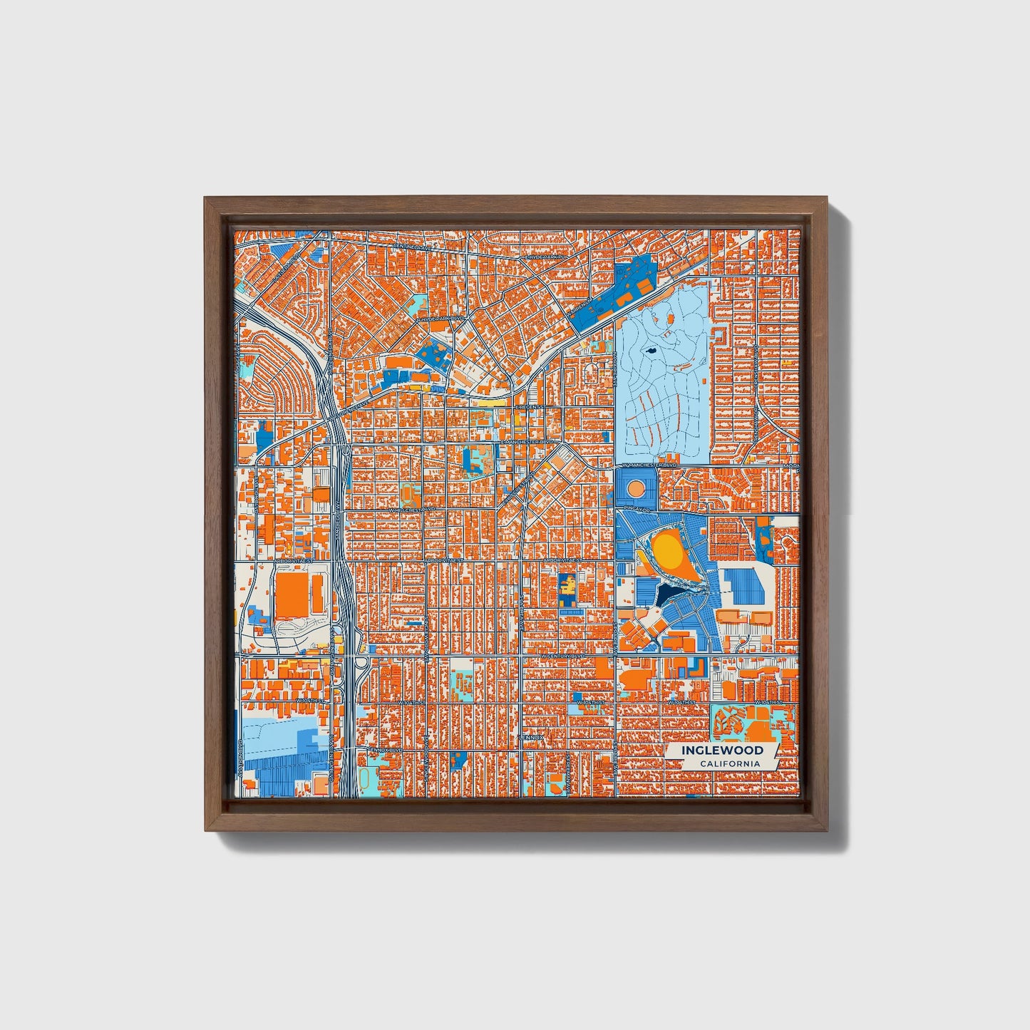 Inglewood California Colorful City Map Canvas Print • Dark Wooden Framed