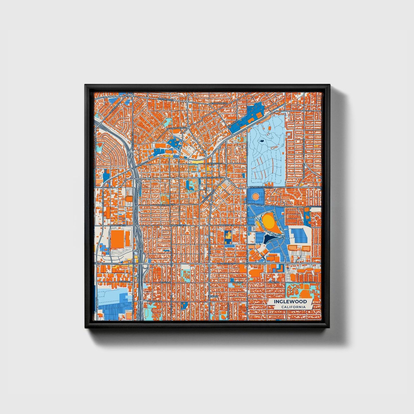 Inglewood California Colorful City Map Canvas Print • Black Framed