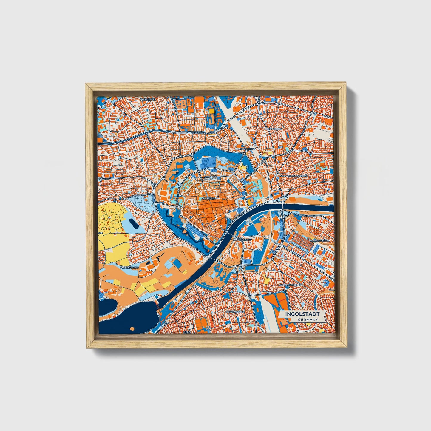 Ingolstadt Germany Colorful City Map Canvas Print • Natural Wooden Framed
