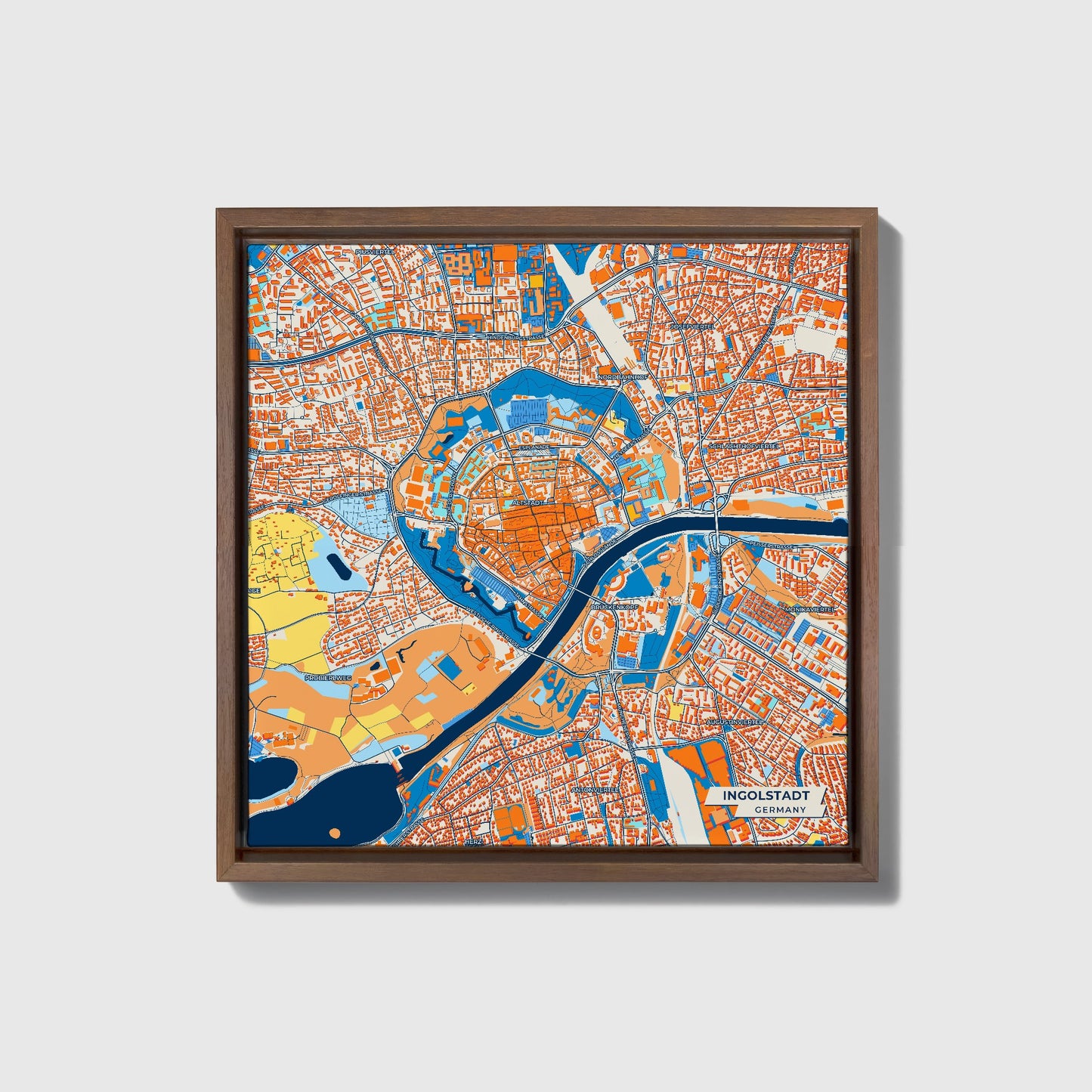 Ingolstadt Germany Colorful City Map Canvas Print • Dark Wooden Framed