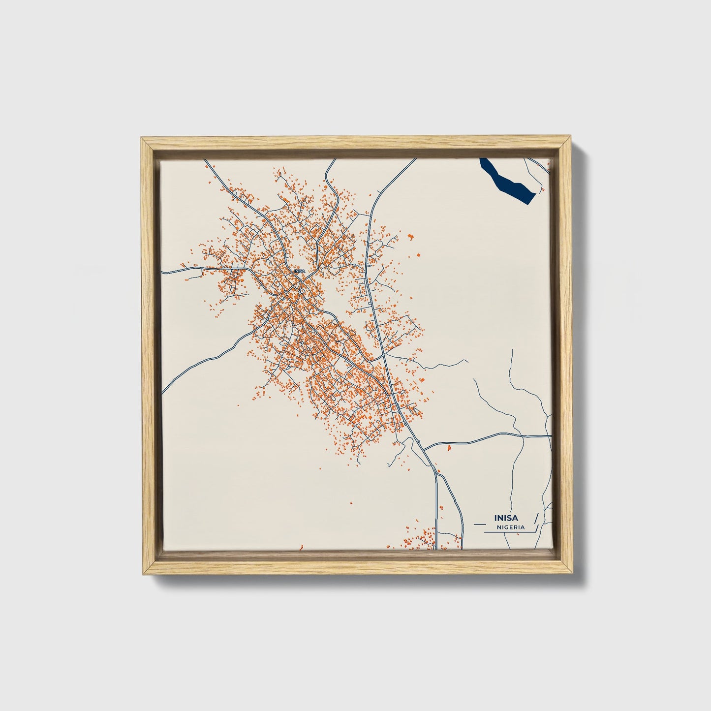Inisa Nigeria Colorful City Map Canvas Print • Natural Wooden Framed