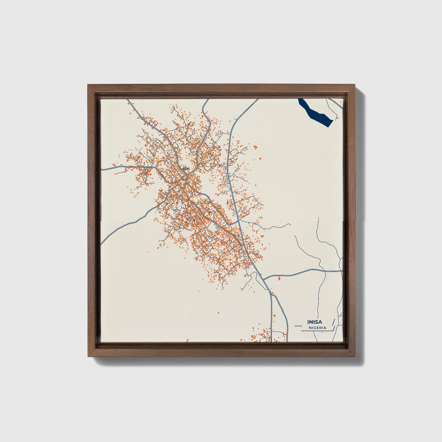 Inisa Nigeria Colorful City Map Canvas Print • Dark Wooden Framed