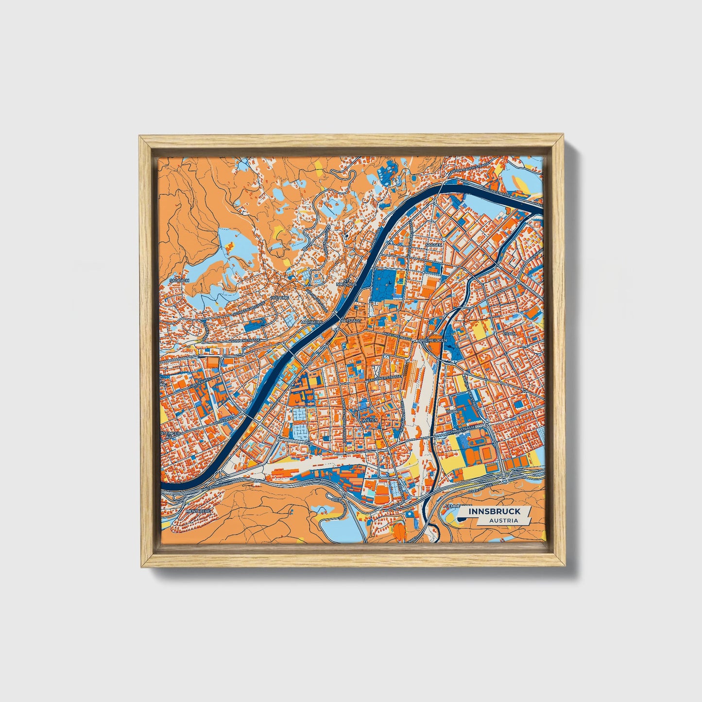 Innsbruck Austria Colorful City Map Canvas Print • Natural Wooden Framed