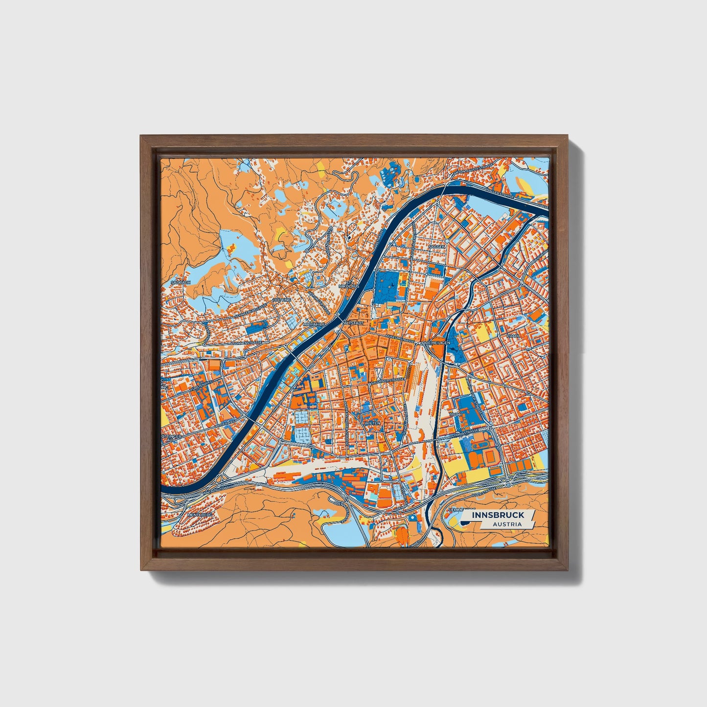 Innsbruck Austria Colorful City Map Canvas Print • Dark Wooden Framed