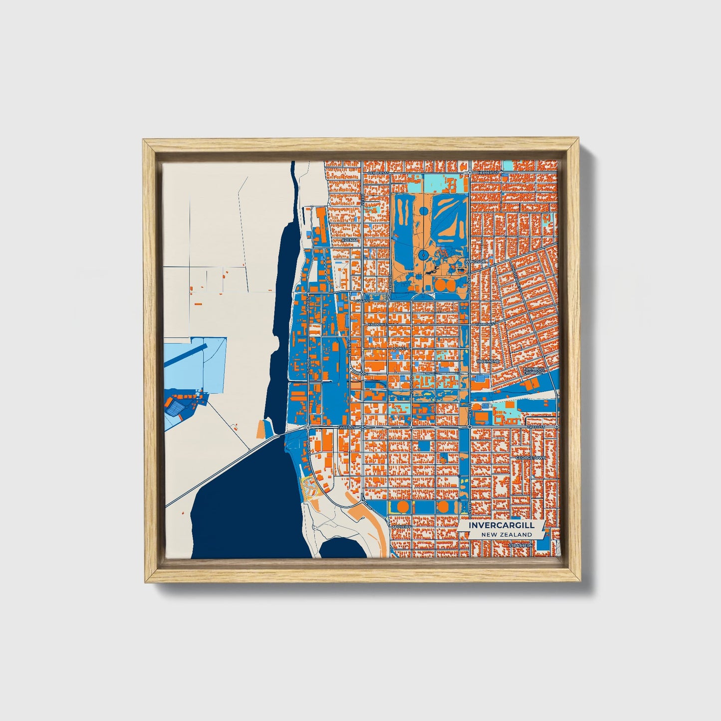 Invercargill New Zealand Colorful City Map Canvas Print • Natural Wooden Framed
