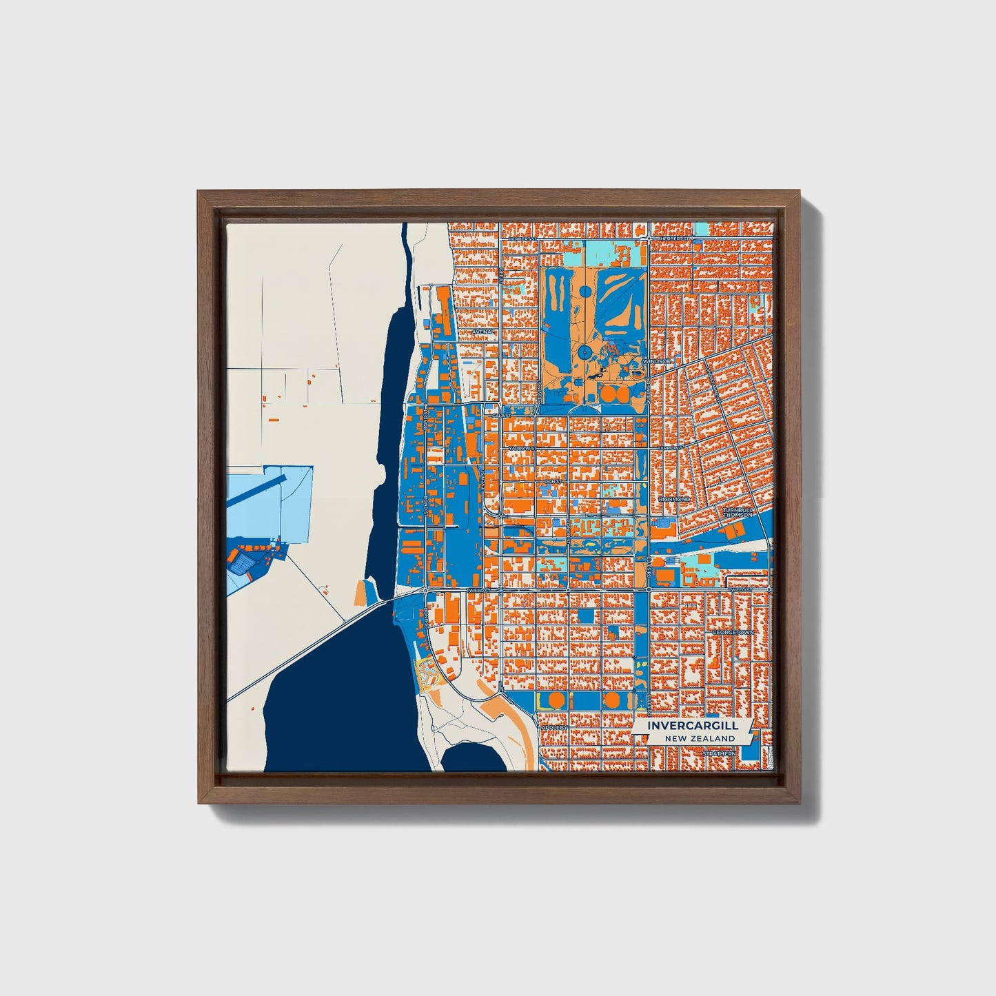 Invercargill New Zealand Colorful City Map Canvas Print • Dark Wooden Framed