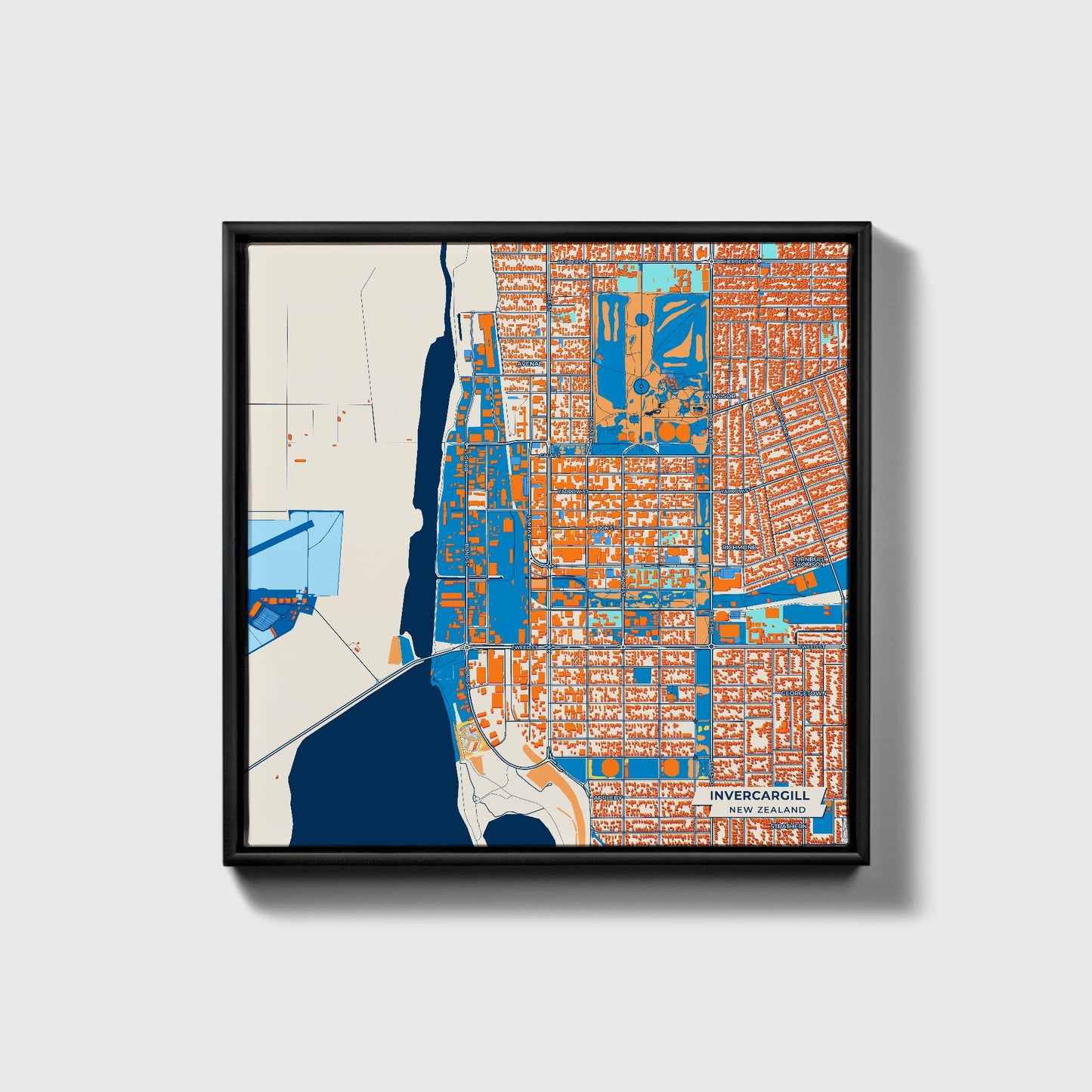 Invercargill New Zealand Colorful City Map Canvas Print • Black Framed