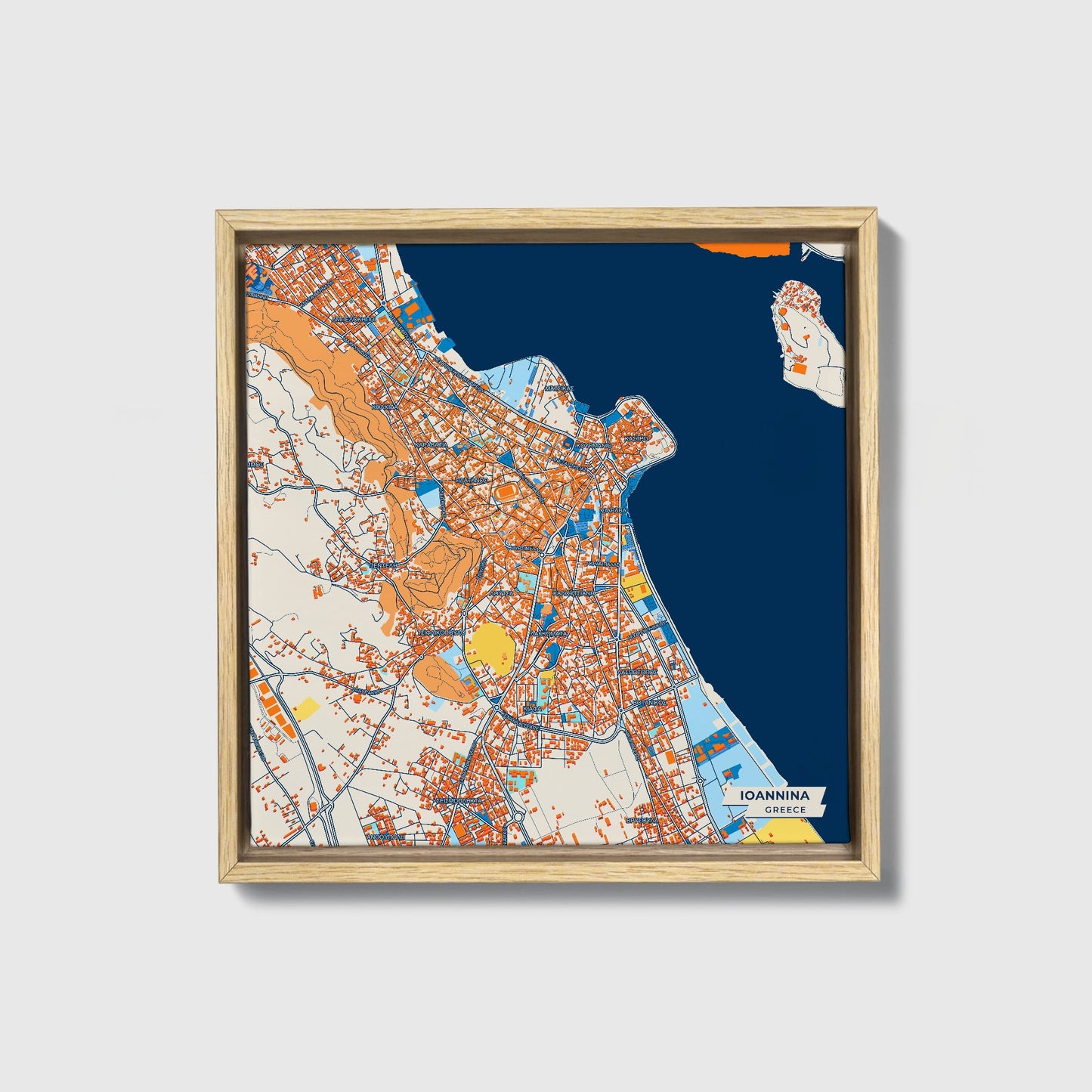 Ιωαννινα Greece Colorful City Map Canvas Print • Natural Wooden Framed