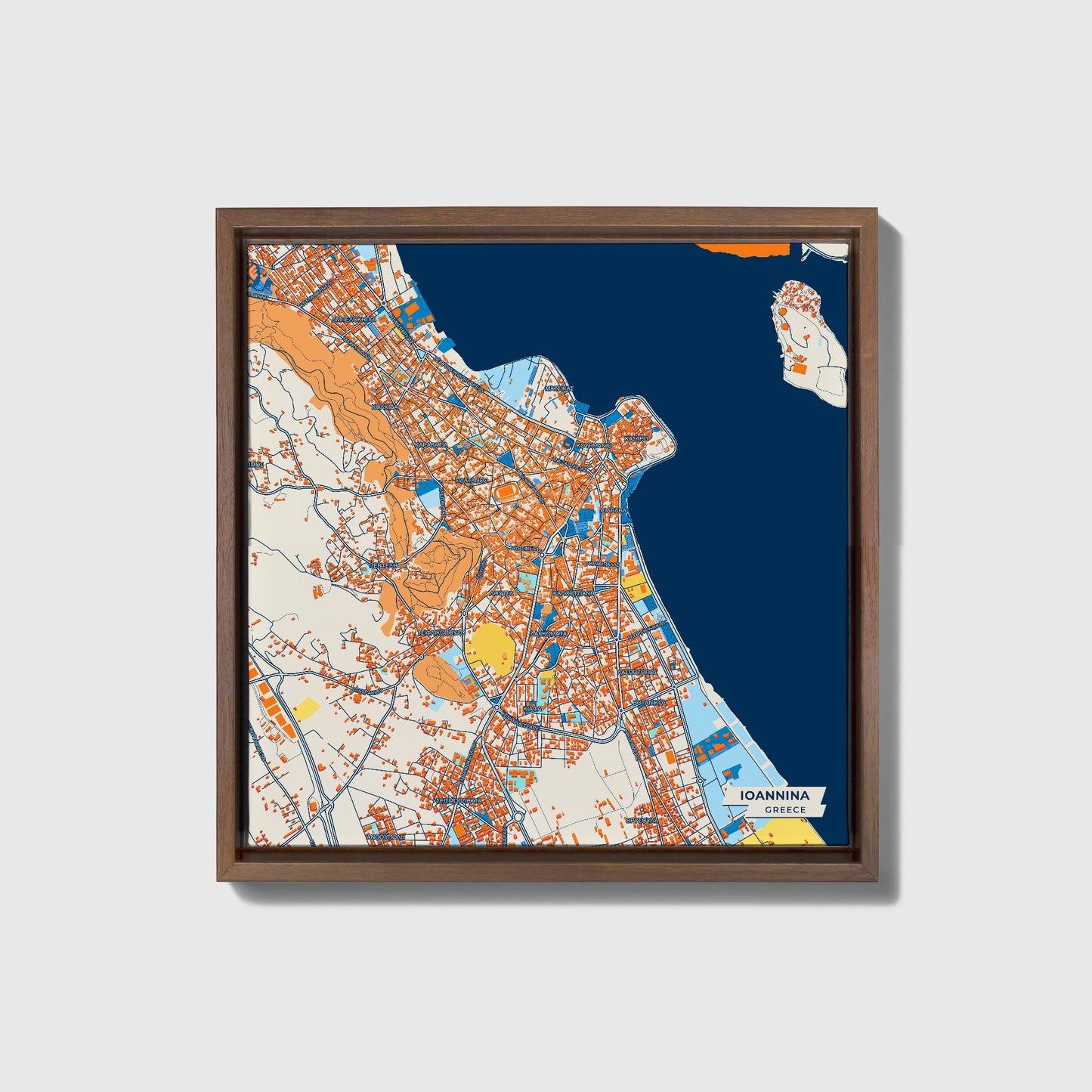 Ιωαννινα Greece Colorful City Map Canvas Print • Dark Wooden Framed