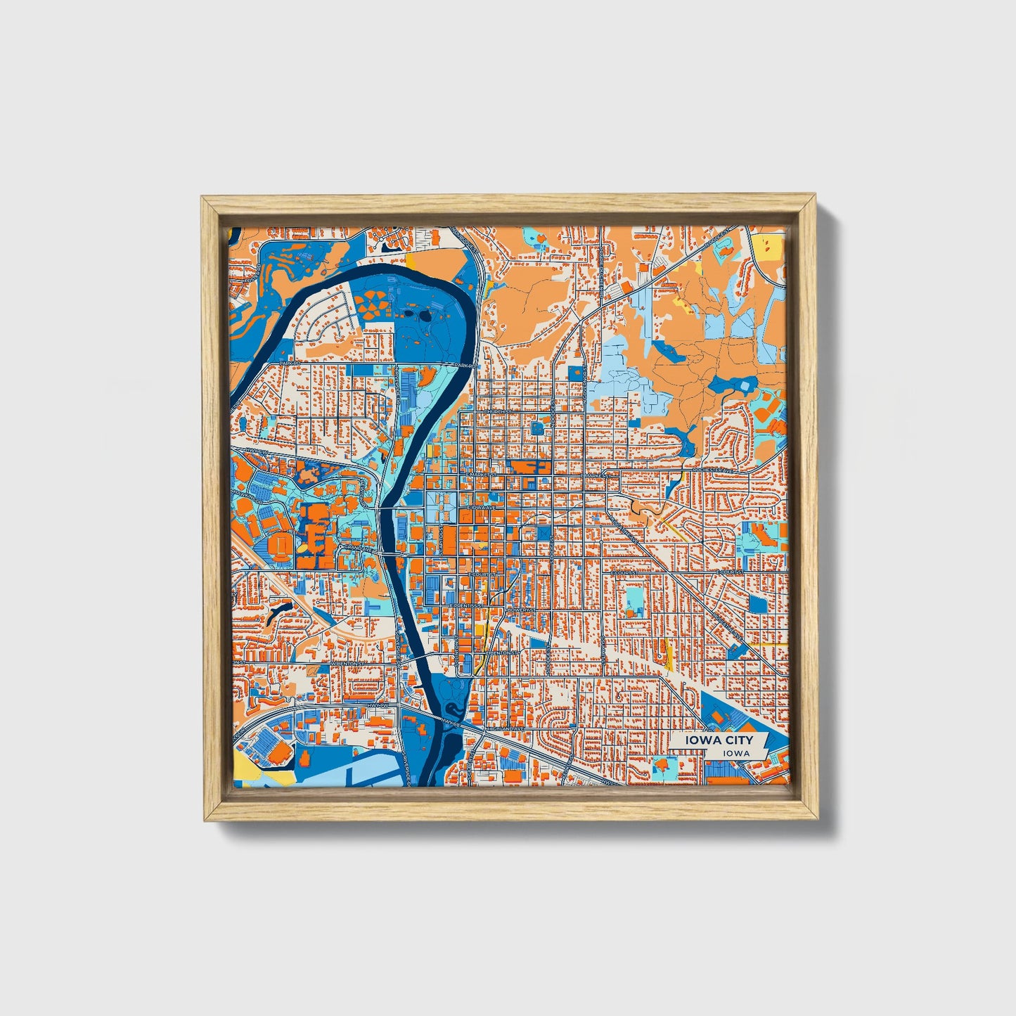 Iowa City Iowa Colorful City Map Canvas Print • Natural Wooden Framed