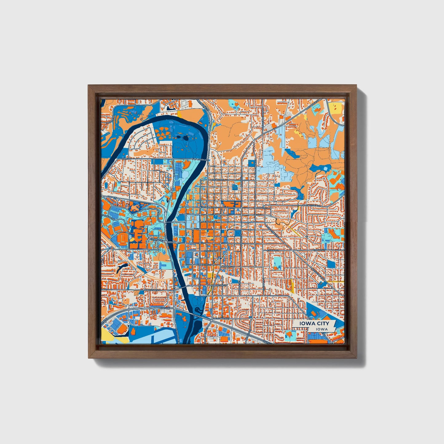 Iowa City Iowa Colorful City Map Canvas Print • Dark Wooden Framed