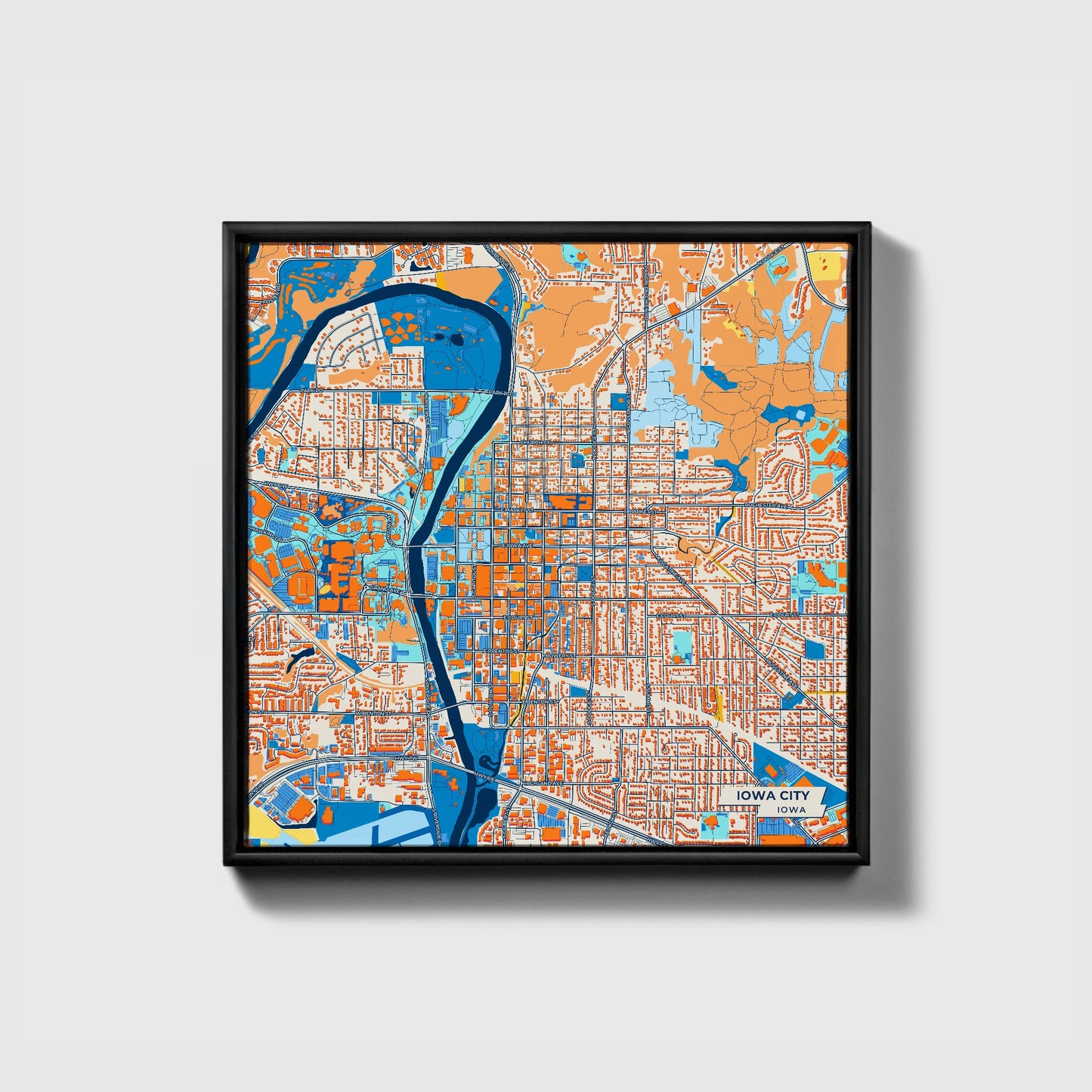 Iowa City Iowa Colorful City Map Canvas Print • Black Framed