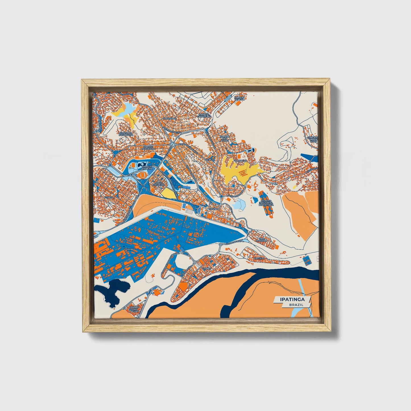 Ipatinga Brazil Colorful City Map Canvas Print • Natural Wooden Framed