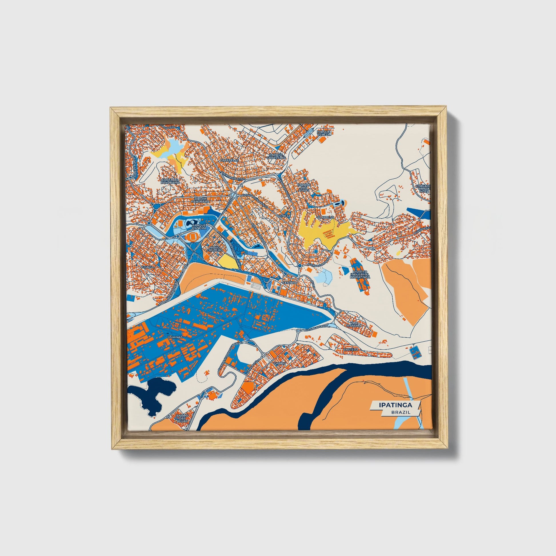 Ipatinga Brazil Colorful City Map Canvas Print • Natural Wooden Framed