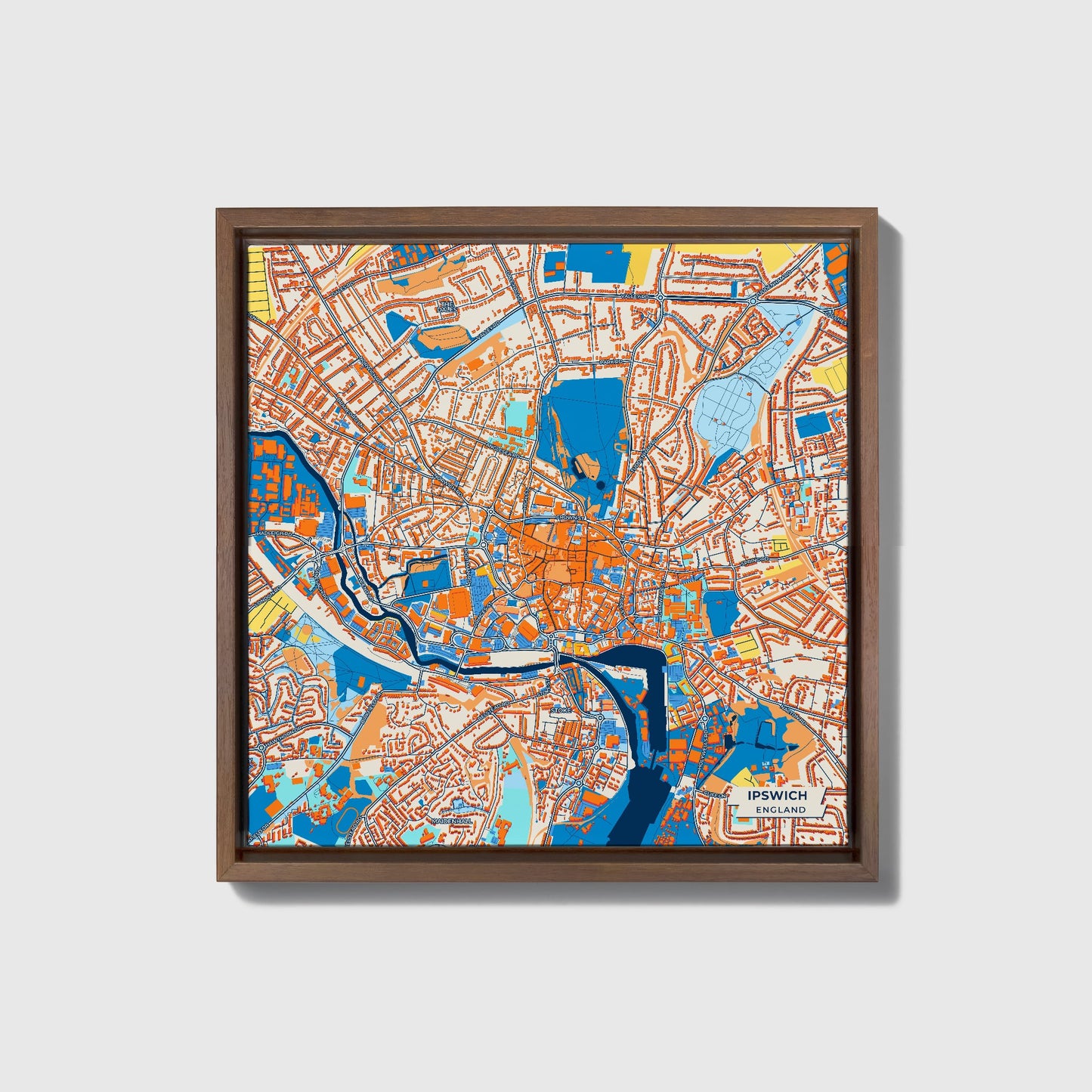 Ipswich England Colorful City Map Canvas Print • Dark Wooden Framed