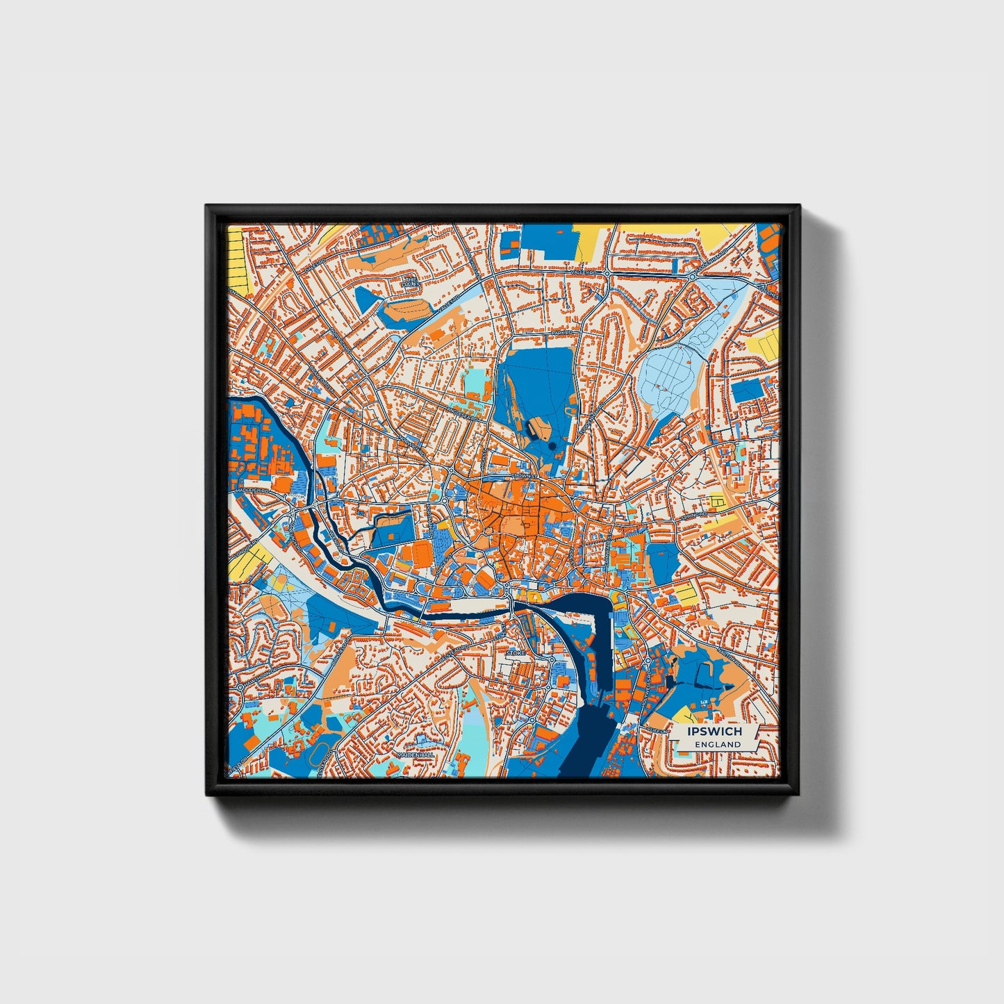 Ipswich England Colorful City Map Canvas Print • Black Framed