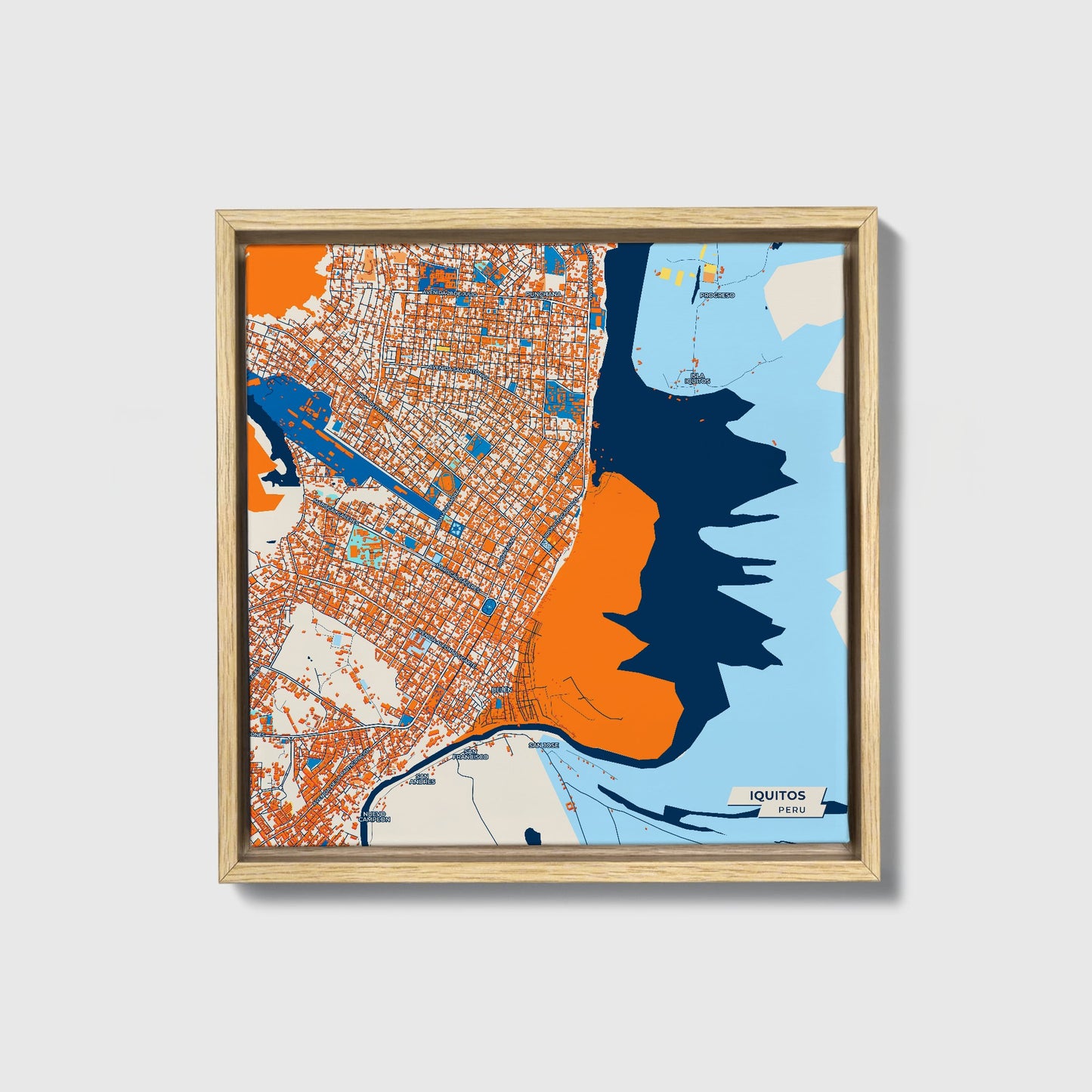 Iquitos Peru Colorful City Map Canvas Print • Natural Wooden Framed