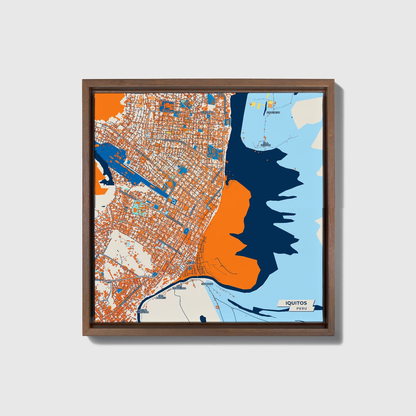 Iquitos Peru Colorful City Map Canvas Print • Dark Wooden Framed