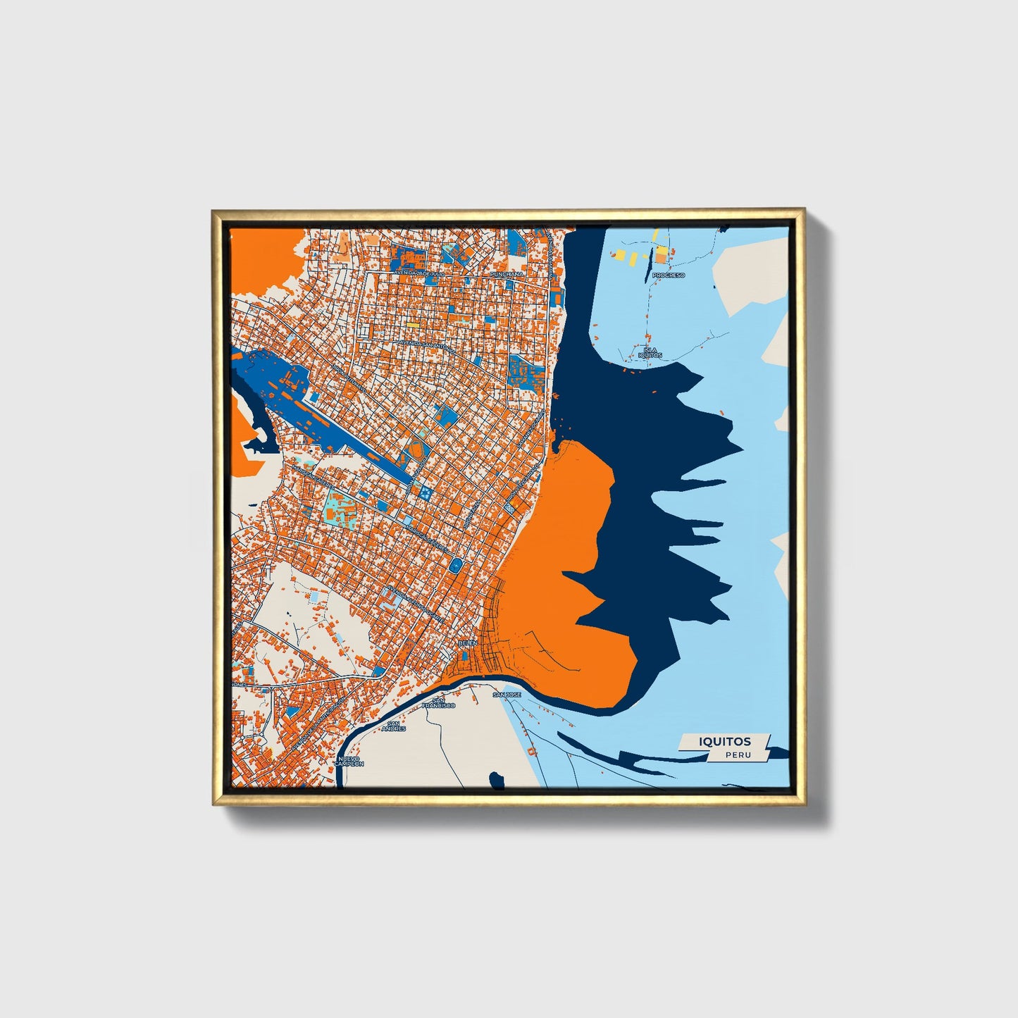 Iquitos Peru Colorful City Map Canvas Print • Gold Framed