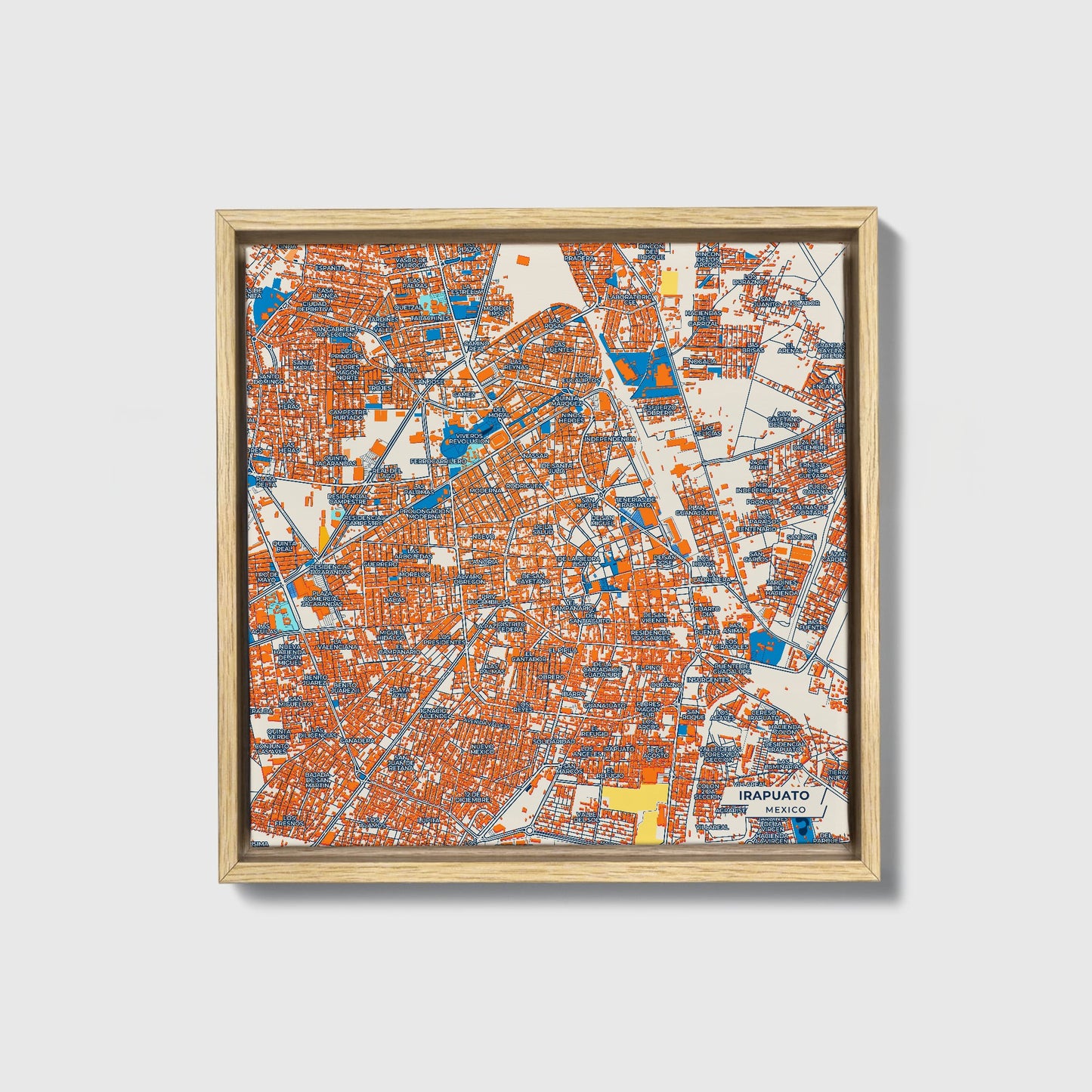 Irapuato Mexico Colorful City Map Canvas Print • Natural Wooden Framed