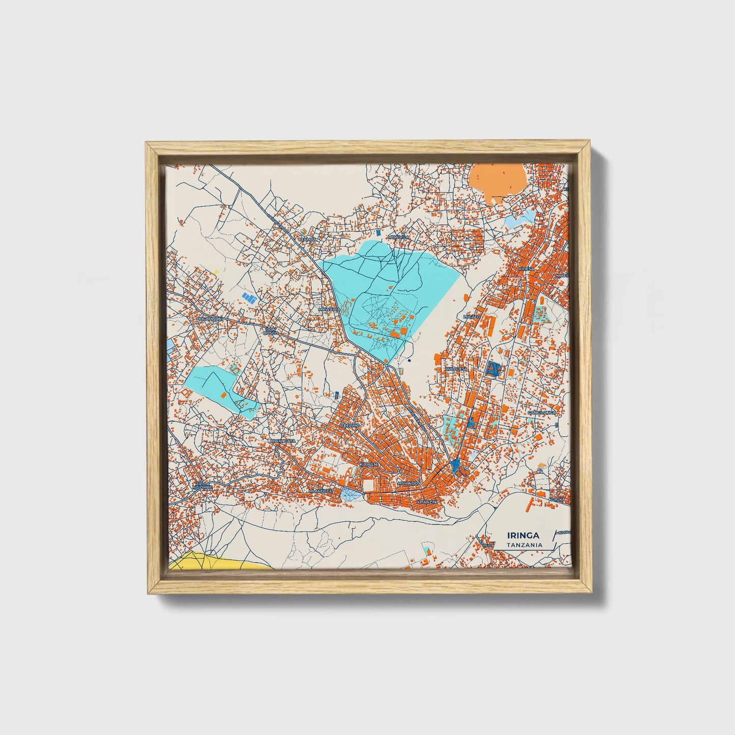 Iringa Tanzania Colorful City Map Canvas Print • Natural Wooden Framed