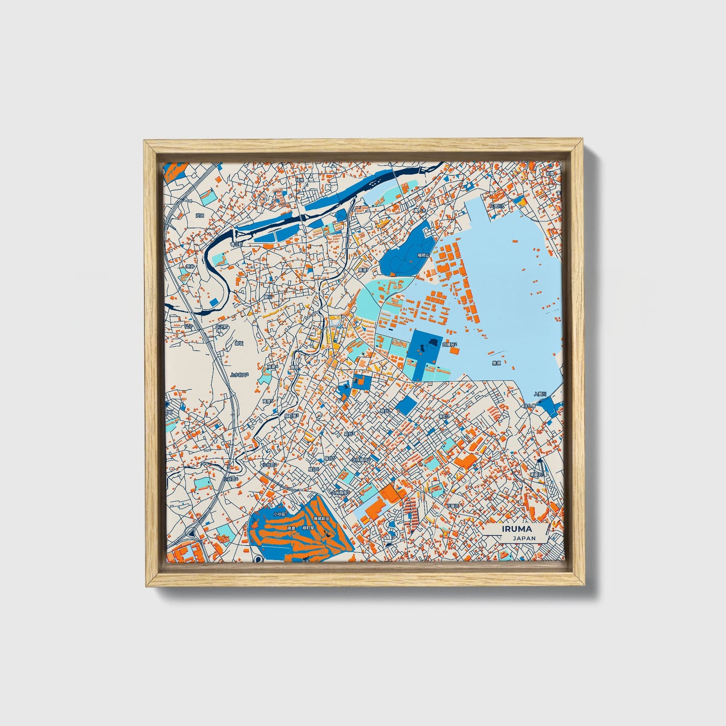 Iruma Japan Colorful City Map Canvas Print • Natural Wooden Framed