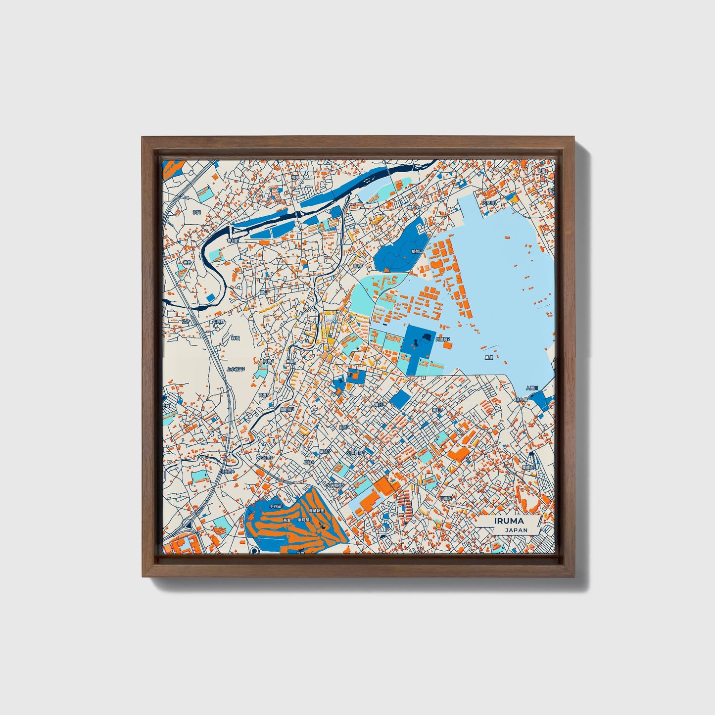 Iruma Japan Colorful City Map Canvas Print • Dark Wooden Framed