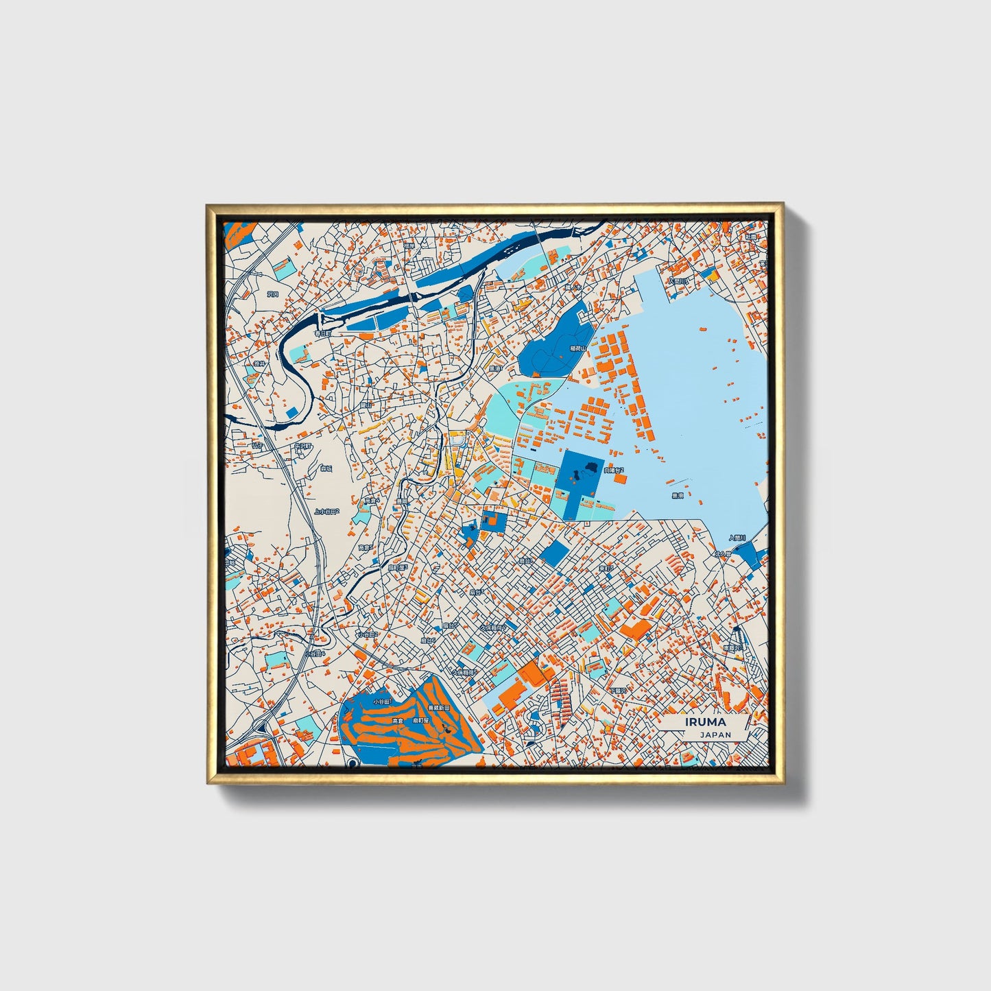 Iruma Japan Colorful City Map Canvas Print • Gold Framed
