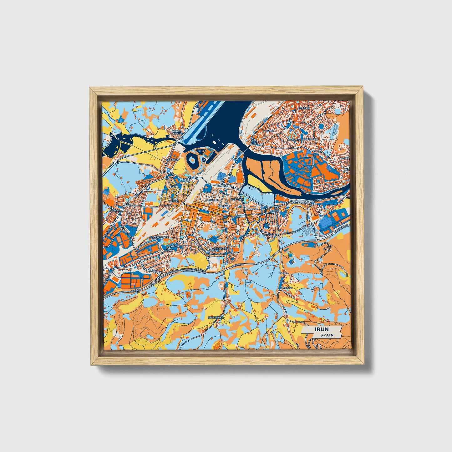 Irun Spain Colorful City Map Canvas Print • Natural Wooden Framed
