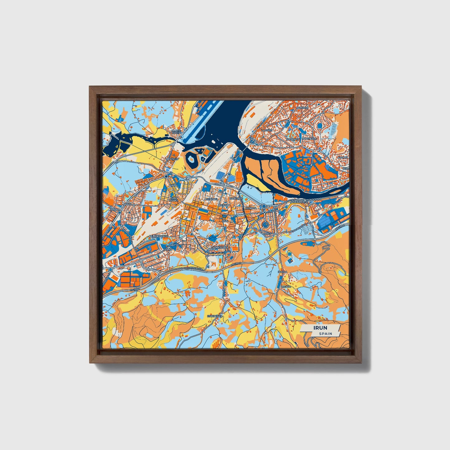 Irun Spain Colorful City Map Canvas Print • Dark Wooden Framed