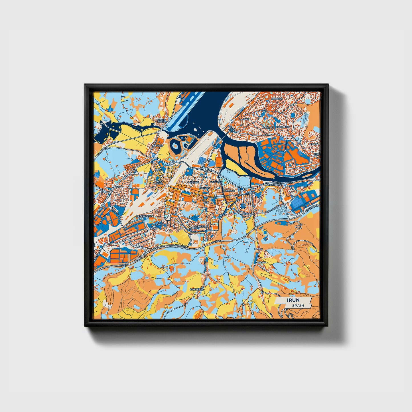 Irun Spain Colorful City Map Canvas Print • Black Framed