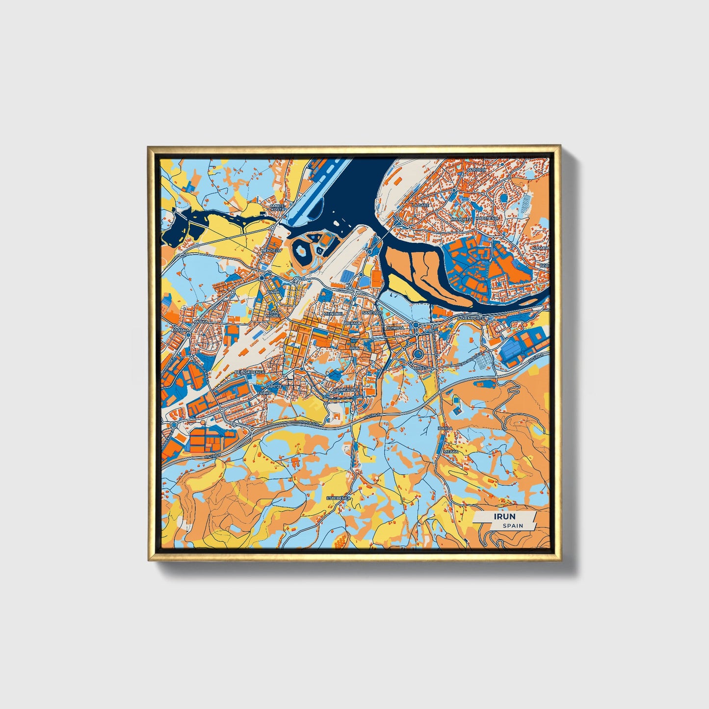 Irun Spain Colorful City Map Canvas Print • Gold Framed