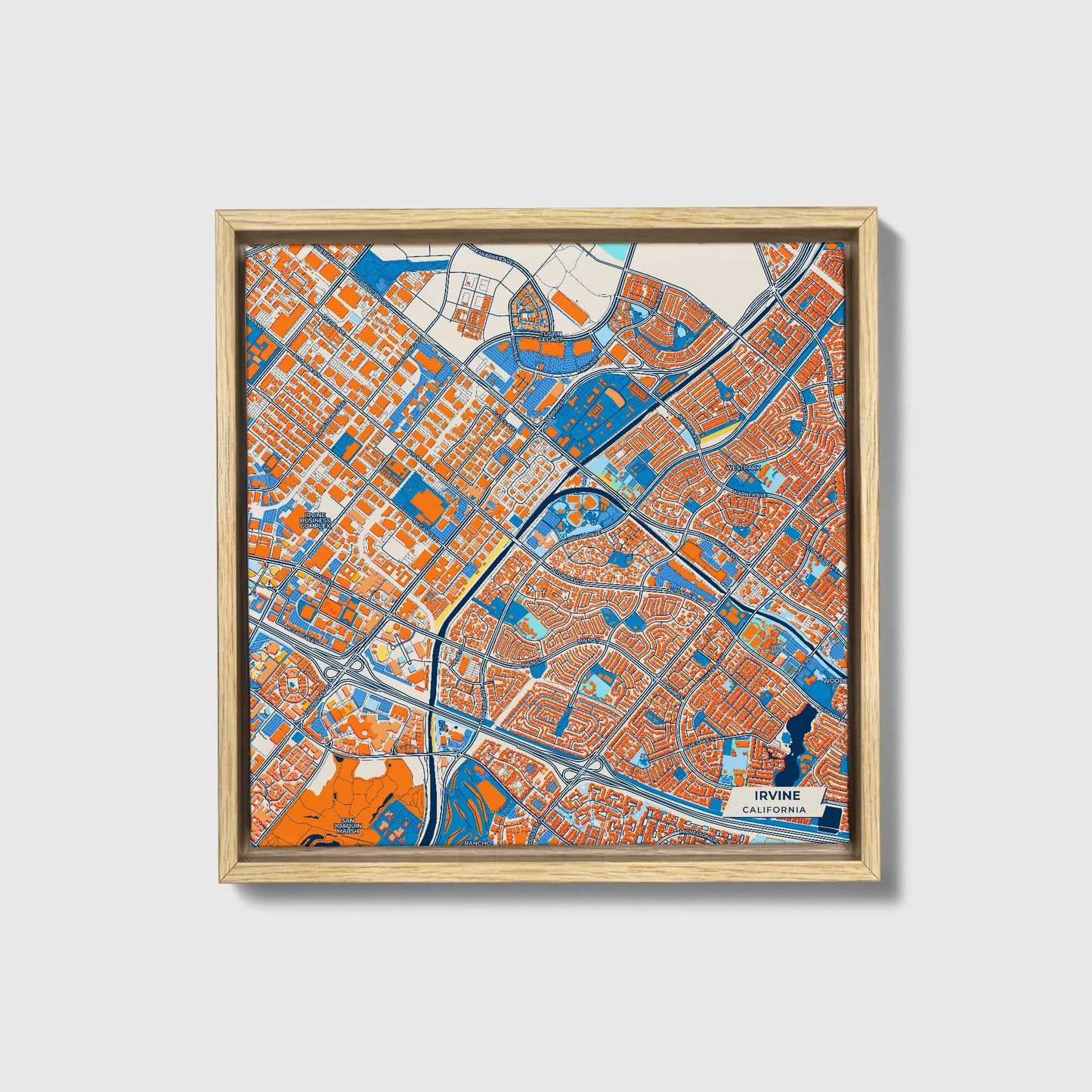 Irvine California Colorful City Map Canvas Print • Natural Wooden Framed